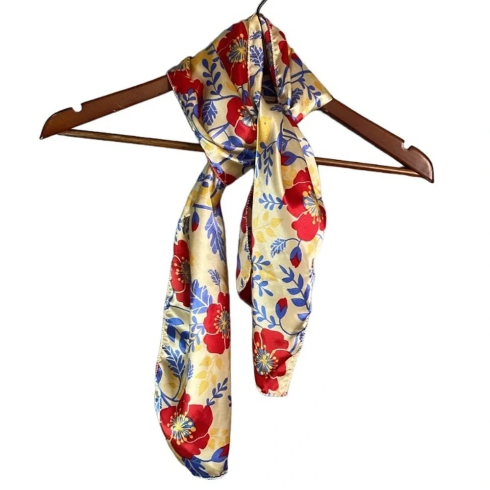 BRIGHT Floral Yellow Chickadee Satin Rectangular Scarf Red Poppies Blue Leaf